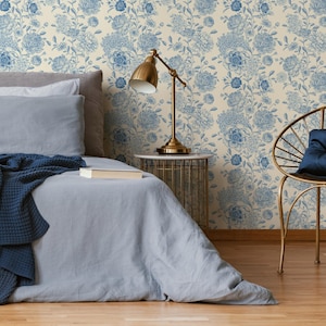 Blue Vintage Floral Wallpaper / Peel and Stick Wallpaper Removable Wallpaper Home Decor Wall Art Wall Decor Room Decor - D052