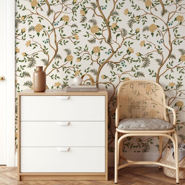 Floral Chinoiserie Wallpaper / Peel and Stick Wallpaper Removable Wallpaper Home Decor Wall Art Wall Decor Room Decor - D503