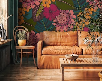 Flat Colorful Leaves Wallpaper - Removable Wallpaper Peel and Stick Wallpaper Wall Paper Wall Mural  - B391