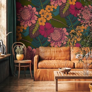 Flat Colorful Leaves Wallpaper - Removable Wallpaper Peel and Stick Wallpaper Wall Paper Wall Mural  - B391