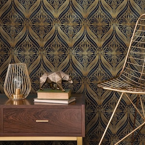 Abnehmbare Tapete Wandbild Wandbild - Art Deco Schwarz und Nichtmetallische Gelbgoldfarbe - B520