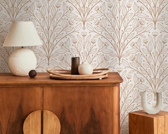Beige Boho Floral Wallpaper / Peel and Stick Wallpaper Removable Wallpaper Home Decor Wall Art Wall Decor Room Decor - D041