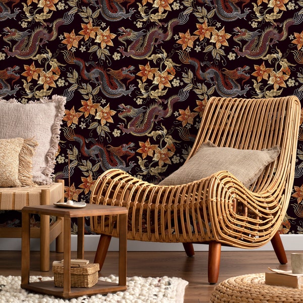 Dragon Chinoiserie Wallpaper Floral Vintage Wallpaper Peel and Stick and Traditional Wallpaper - D874