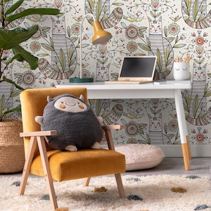 Floral Garden and Cat Wallpaper / Peel and Stick Wallpaper Removable Wallpaper Home Decor Wall Art Wall Decor Room Decor - D293