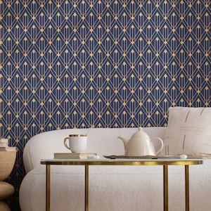 Abnehmbare Tapete Schälen und aufkleben Tapete Wandbild - Art Deco Blau und Nichtmetallische Gelbgold Farbe - B495
