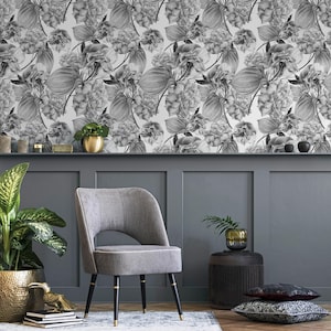 Removable Wallpaper Peel and Stick Wallpaper Wall Paper Wall Mural - Grayscale Tropical Wallpaper  - D973