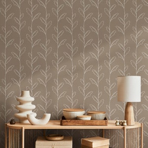Beige Boho Leaves Wallpaper / Peel and Stick Wallpaper Removable Wallpaper Home Decor Wall Art Wall Decor Room Decor - C643