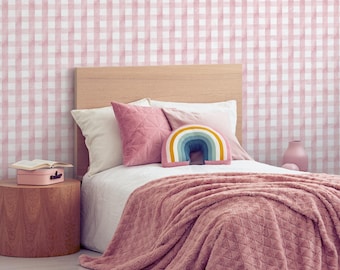Pink Gingham Wallpaper / Peel and Stick Wallpaper Removable Wallpaper Home Decor Wall Art Wall Decor Room Decor - D011
