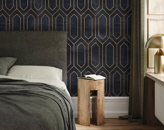 Art Deco Wallpaper in Black and Gold on Black - Peel and Stick - A539