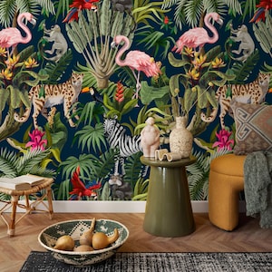 Watercolor Jungle Wallpaper, Zebra and Flamingo Tropical Wallpaper, Modern Nursery Wallpaper, Animal Print Wall Art, Safari Wall Mural- ZAEH