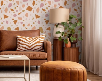 Terrazzo Wallpaper in Orange, Pink, and Yellow on Cream - Peel and Stick - B933