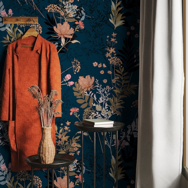 Papel de parede Jardim Tropical Escuro com Flores em Tons de Pêssego sobre Azul Turquesa - Autoadesivo - A572
