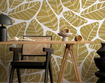 Boho Leaves Wallpaper / Peel and Stick Wallpaper Removable Wallpaper Home Decor Wall Art Wall Decor Room Decor - C619
