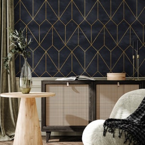 Abnehmbare Tapete Schälen und Stick Tapete Wandbild Wandbild - Dunkelblau und Nichtmetallische Gelbgold Farbe - A540