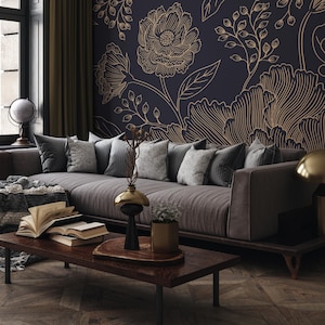 Dark Blue and Tan Large Floral Wallpaper / Peel and Stick Wallpaper Removable Wallpaper Home Decor Wall Art Wall Decor Room Decor - C925