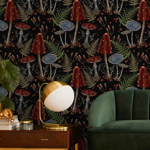 Mushroom Wallpaper Dark Floral Wallpaper Peel and Stick and Traditional Wallpaper - D813