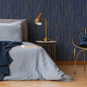 Gold and Navy Striped Wallpaper Modern Peel and Stick and Traditional Wallpaper - D774