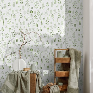 Green Minimalist Leaf Wallpaper Boho Plant Wallpaper Peel and Stick and Traditional Wallpaper - A365