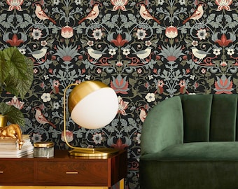 Vintage Art Nouveau Wallpaper in Red, Green, and Black on Black - Peel and Stick - A578