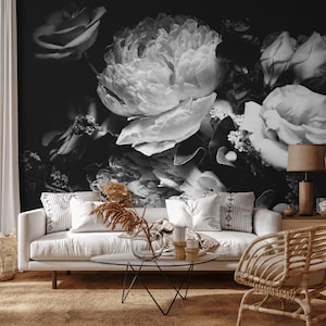 Dark Floral Wallpaper Peony Wallpaper Floral Mural Peel and Stick and Traditional Wallpaper - A557