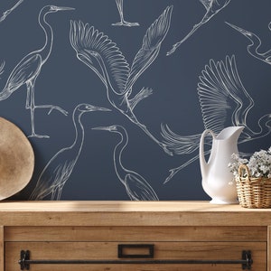 Blue Crane Birds Wallpaper / Peel and Stick Wallpaper Removable Wallpaper Home Decor Wall Art Wall Decor Room Decor - D102