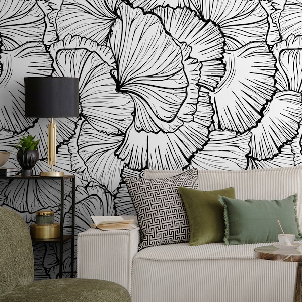 Black and White Wallpaper Abstract Leaves Wallpaper Peel and Stick and Traditional Wallpaper - A524