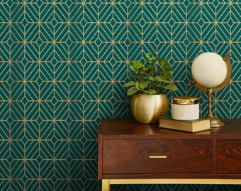 Papel pintado removible autoadhesivo - Mural de pared - Verde art déco y amarillo no metálico - B496