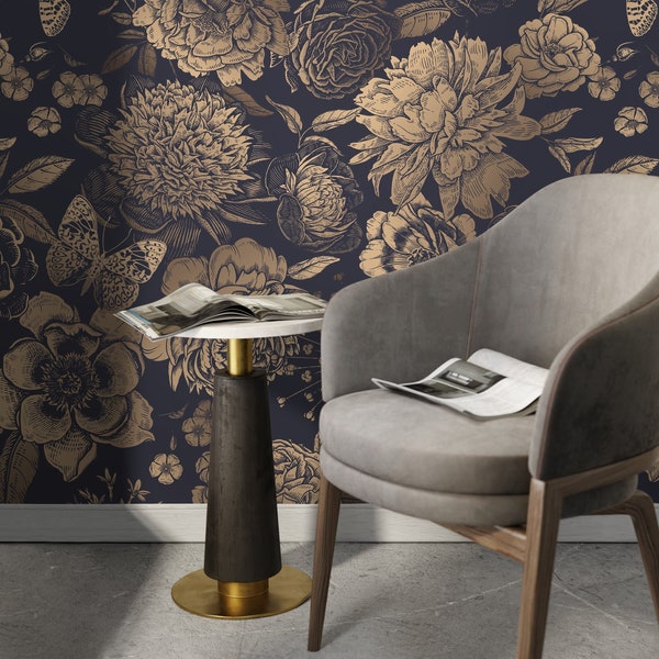 Removable Wallpaper Peel and Stick Wallpaper Wall Paper Wall Mural - Vintage Flower Non-Metalic Gold Color - A922