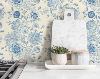 Blue Vintage Floral Wallpaper / Peel and Stick Wallpaper Removable Wallpaper Home Decor Wall Art Wall Decor Room Decor - D052