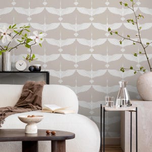 Mid Century Cranes Wallpaper Art Deco Swans Cream Wallpaper / Peel and Stick Wallpaper Removable Wallpaper Home Decor Wall Art - D085