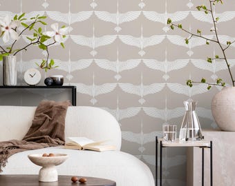 Mid Century Cranes Wallpaper Art Deco Swans Cream Wallpaper / Peel and Stick Wallpaper Removable Wallpaper Home Decor Wall Art - D085