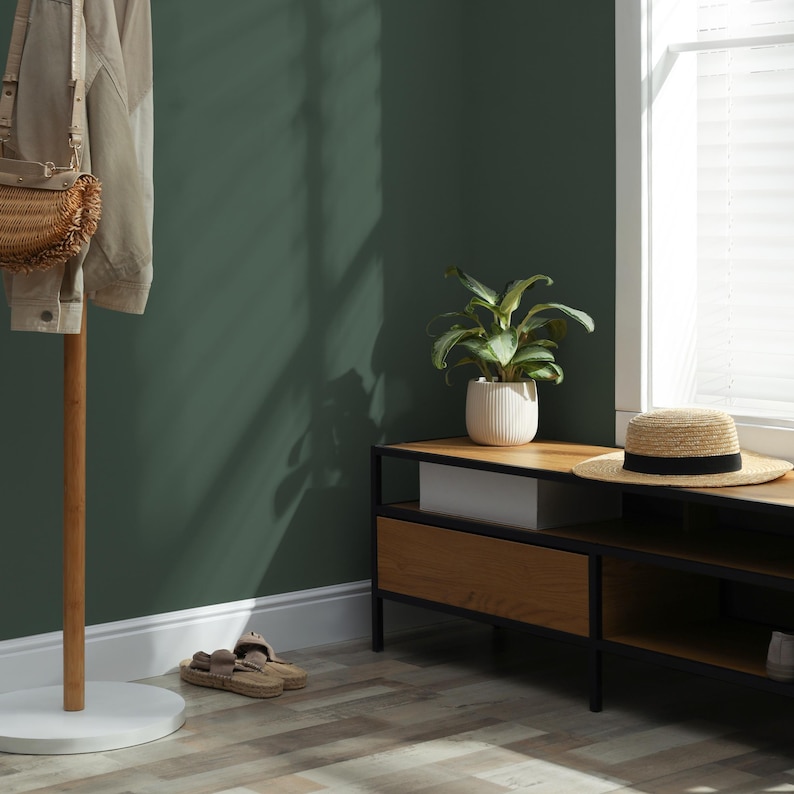 May include: A wooden coat rack with a beige jacket hanging on it, a woven bag, and a white base. A green wall with a wooden shelf with a potted plant and a straw hat on it. The shelf is on a wooden floor.