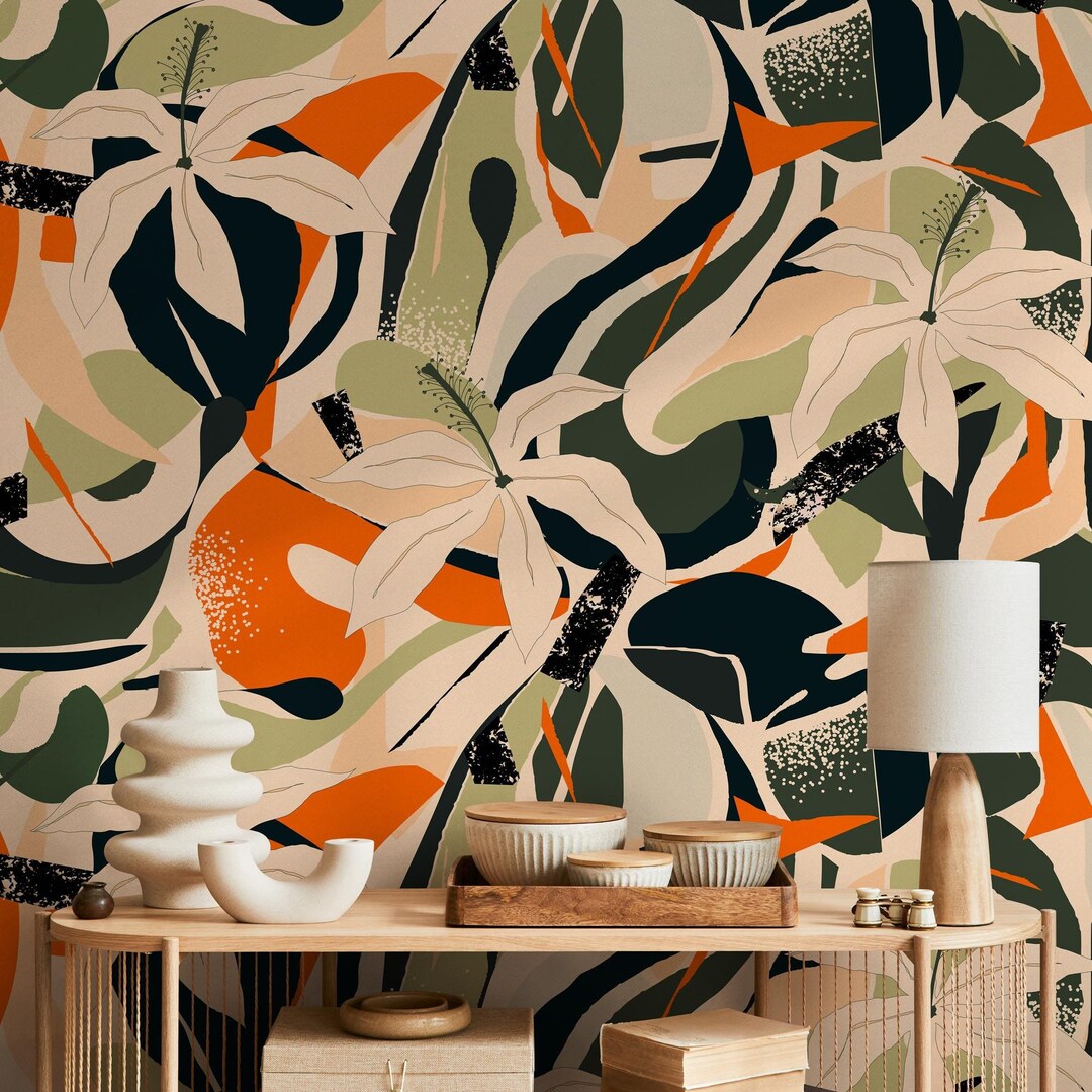Abstract Botanical Beige & Black Wallpaper - B205 - Etsy
