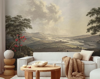 Landscape Wallpaper with a Classic River Valley Scene in Brown, Green, and Beige - E494
