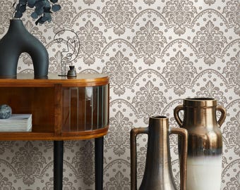 Damask Wallpaper in Brown and Cream on Cream - Peel and Stick - D197