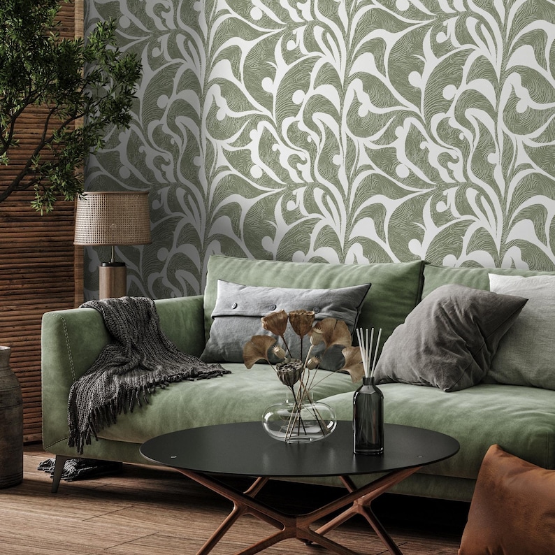 Green Vintage Wallpaper / Peel and Stick Wallpaper Removable Wallpaper ...