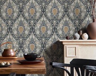 Damask Peel and Stick Wallpaper - Victorian Ogee Pattern in Gray, Blue, and Gold - E522