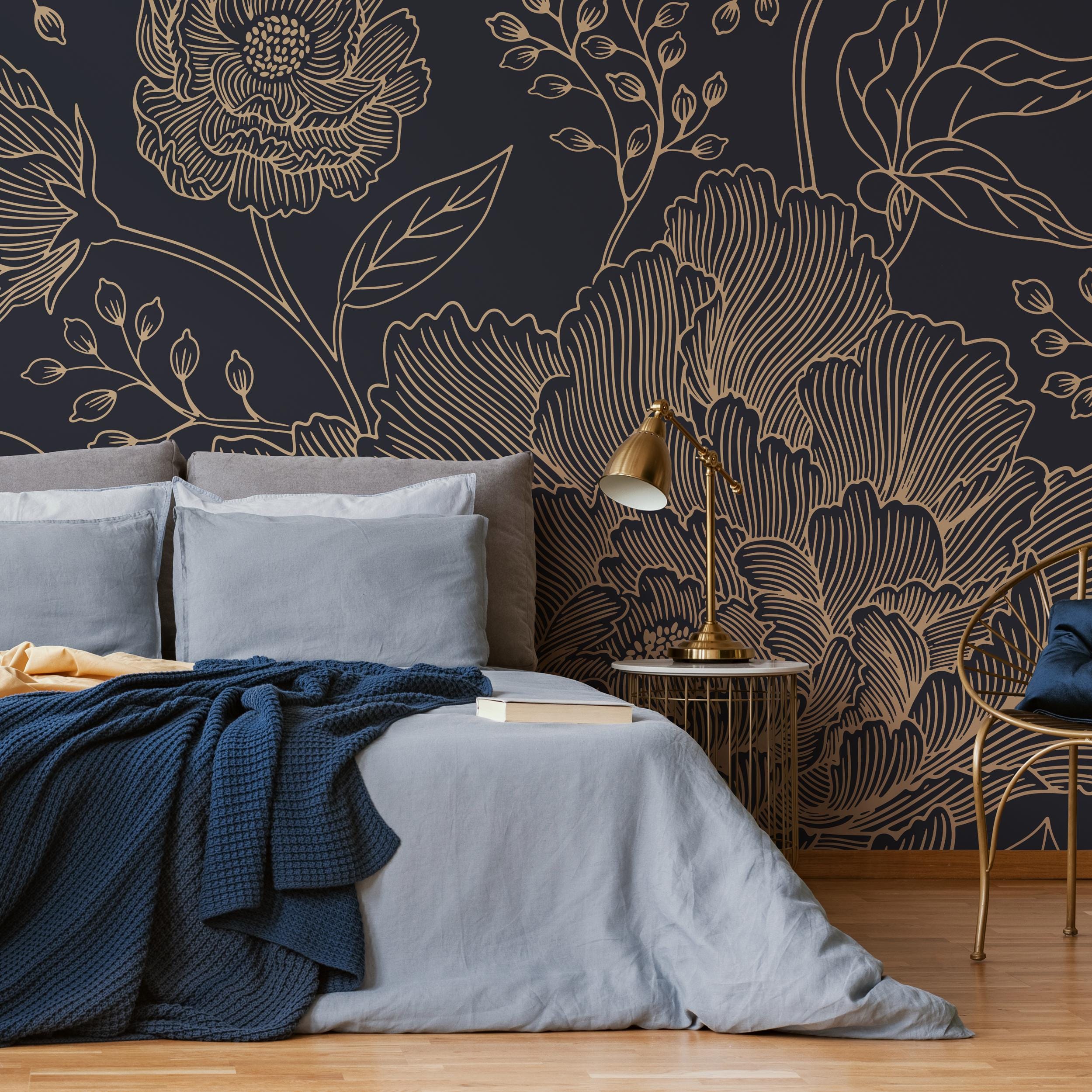 Peel & Stick Floral Wallpaper – Navy Blue Gray Leaf With Gold – Removable, Self-Adhesive, Renter Friendly