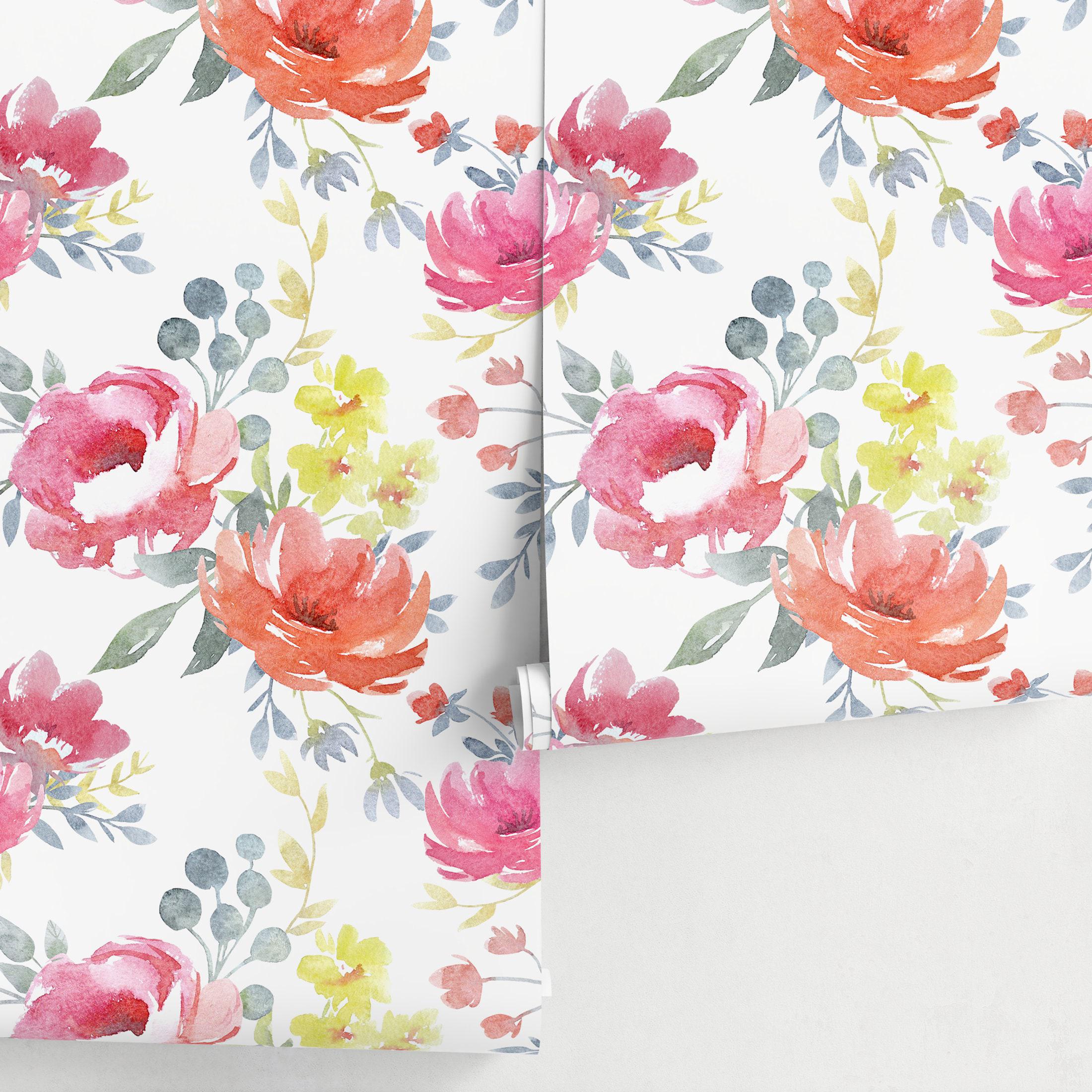 Watercolor Floral Wallpaper - Pink & Red - A664 - Etsy