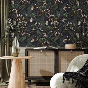 Dark Botanical Peel and Stick Wallpaper - Moody Woodland Ferns and Flowers, Dark Blue and Green - E573 image 4