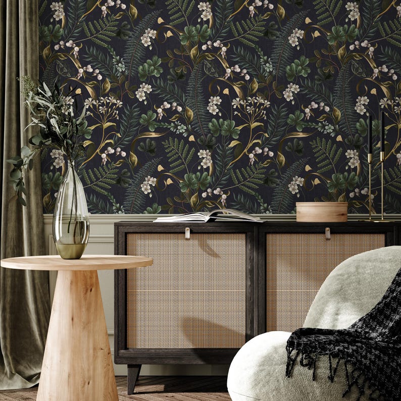 Dark Botanical Peel and Stick Wallpaper - Moody Woodland Ferns and Flowers, Dark Blue and Green - E573 image 4