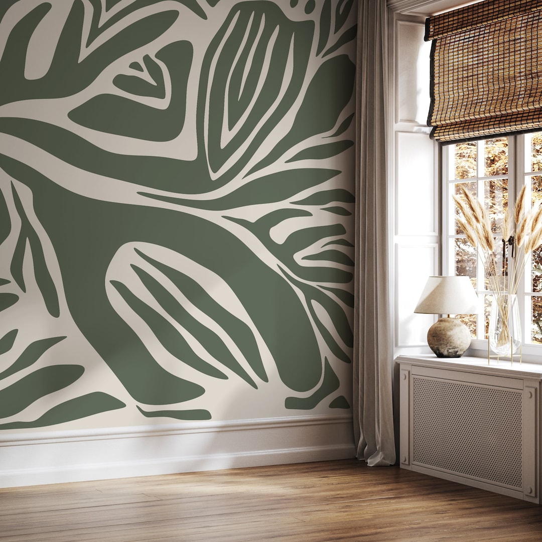 Olive Green Abstract Wallpaper Contemporary Mural Peel and Stick and ...