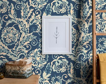 Peel-and-Stick Removable Wallpaper Damask Traditional Blue 