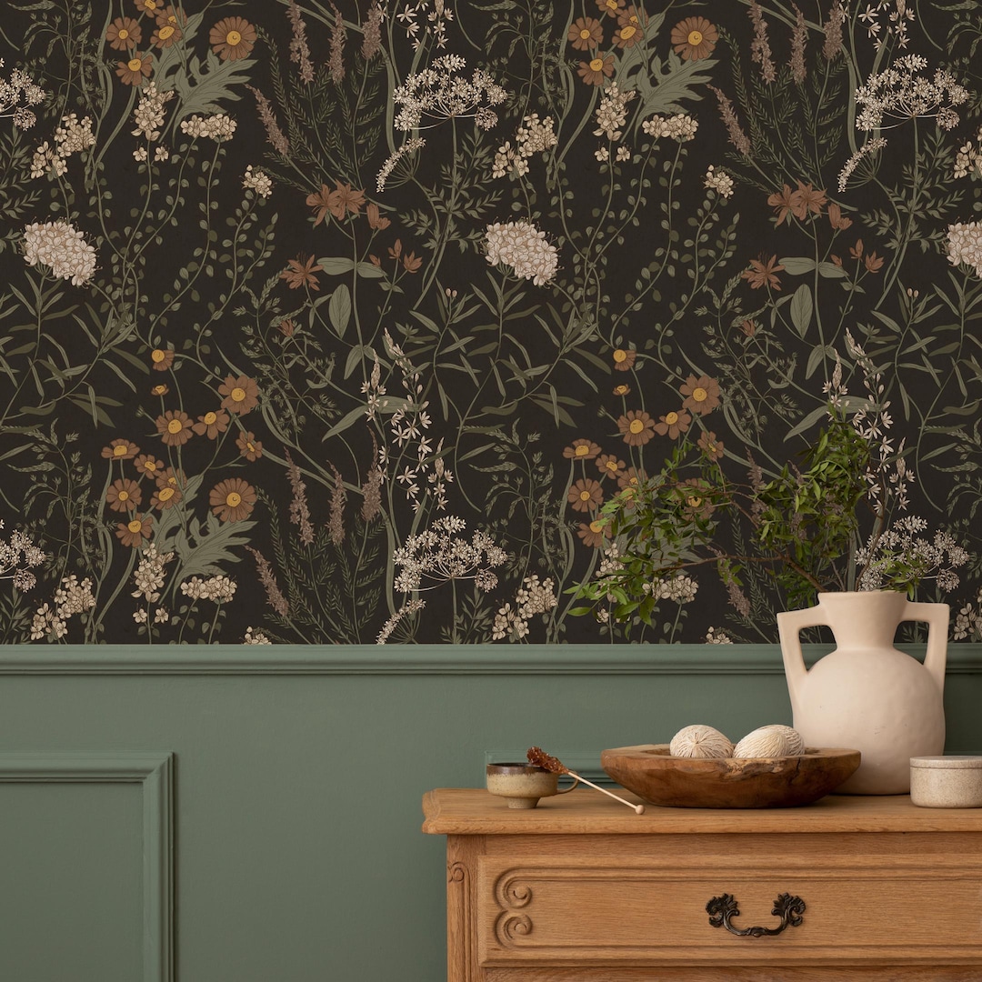 Botanical Wallpaper Featuring Vintage Wildflowers in Brown, Green, and ...