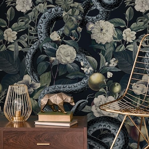 Botanical Wallpaper with Snakes Among Flowers in Black and Green - E294