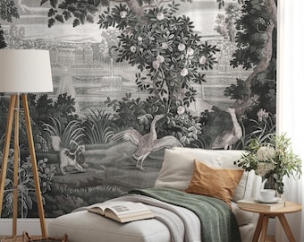 Scenic Toile Wallpaper with a Vintage Chateau Landscape in Grayscale - E491