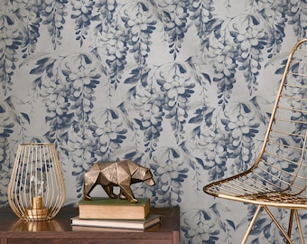 Floral Wallpaper Featuring Vintage Wisteria Blossoms in Blue - E543