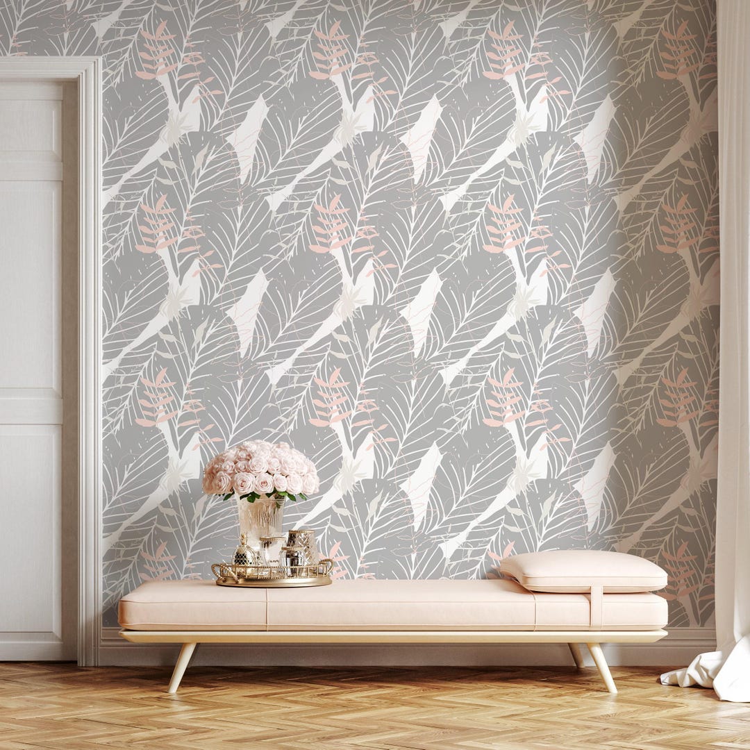 Tropical Wallpaper With Minimalist Palm Leaves in Gray, Blush, and