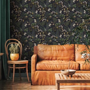 Dark Botanical Peel and Stick Wallpaper - Moody Woodland Ferns and Flowers, Dark Blue and Green - E573 image 2