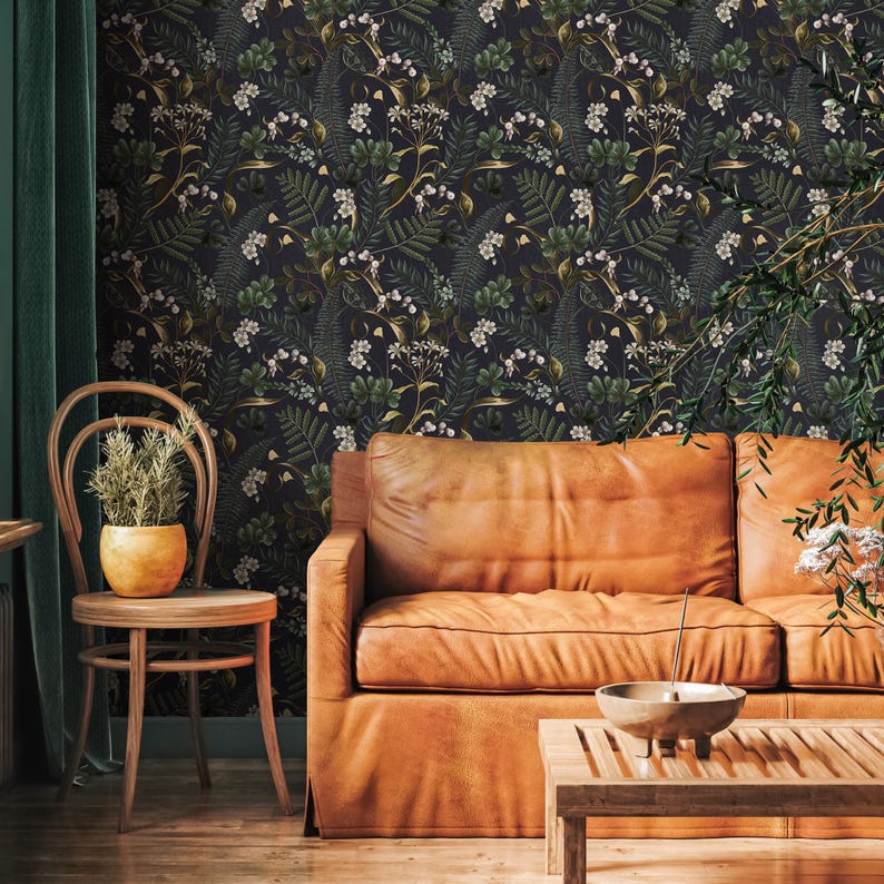 Dark Botanical Peel and Stick Wallpaper - Moody Woodland Ferns and Flowers, Dark Blue and Green - E573 image 2